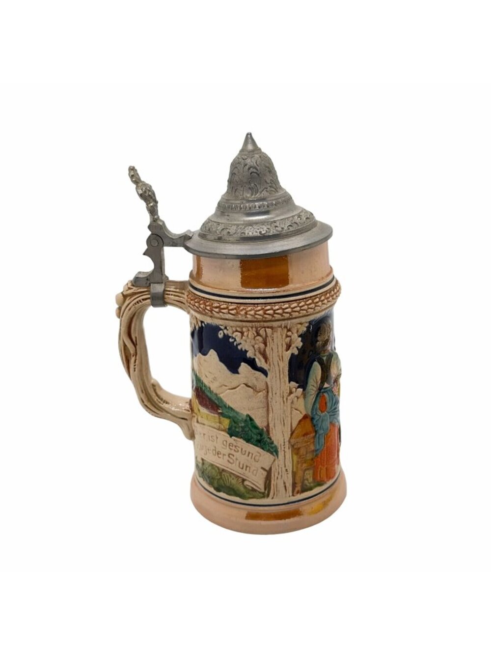 Antique Vintage German Beer Stein Heilt allen Schmerz Ein Frohes Herz 7 Inches